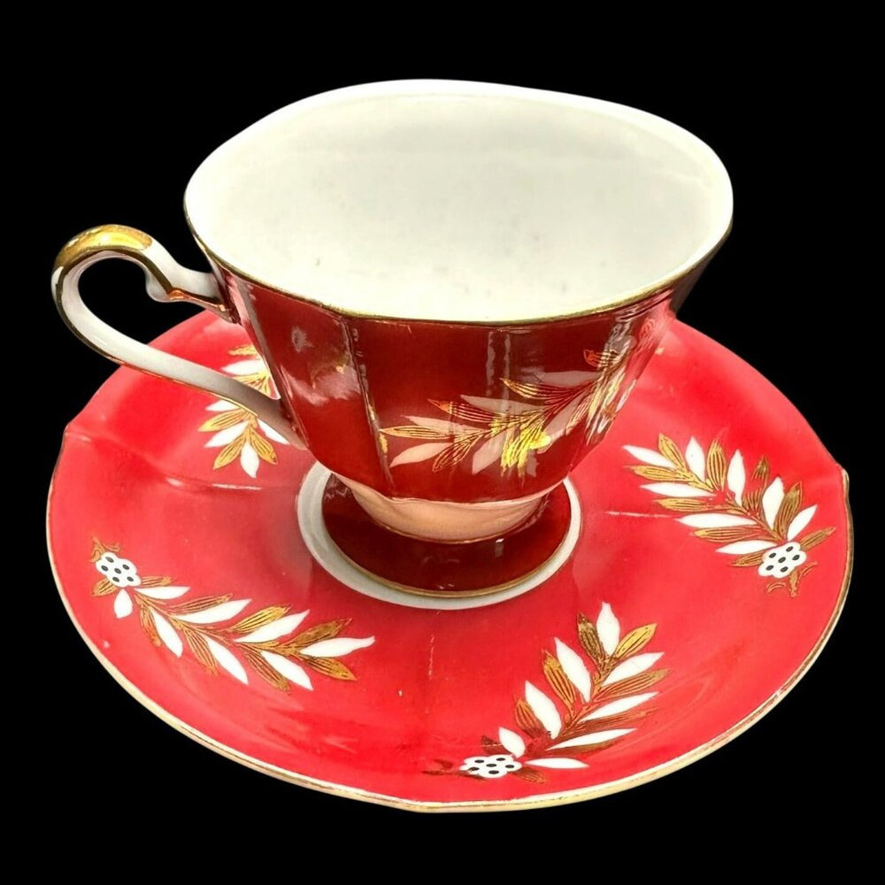 Vintage Shafford Japan Red & White Floral Bone China Teacup & Saucer set